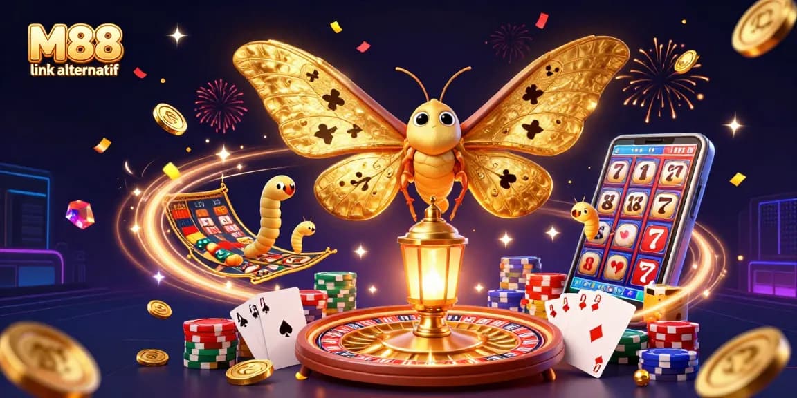 M88 link alternatif illustration featuring enchanting casino scenes with magical 3D elements, attracting players.