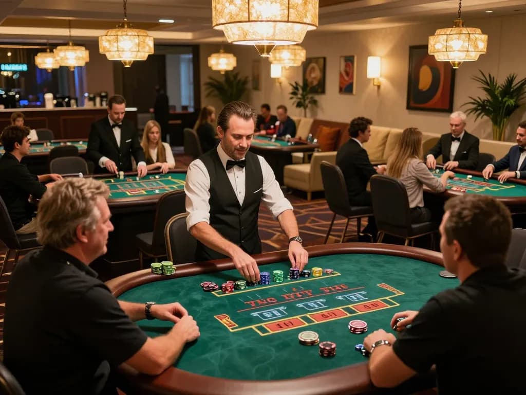F168 casino scene featuring players engaged in a high-stakes blackjack game surrounded by luxurious decor and vibrant atmosphere