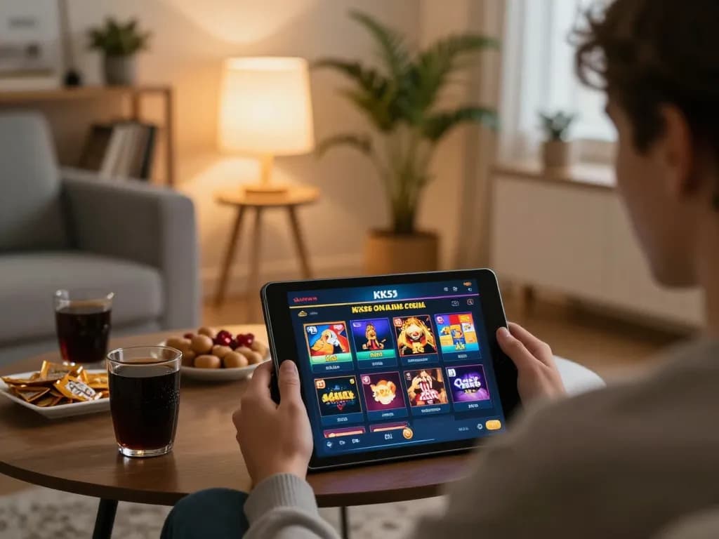 Engaging in KK55 online casino gaming on a tablet in a cozy home setting.