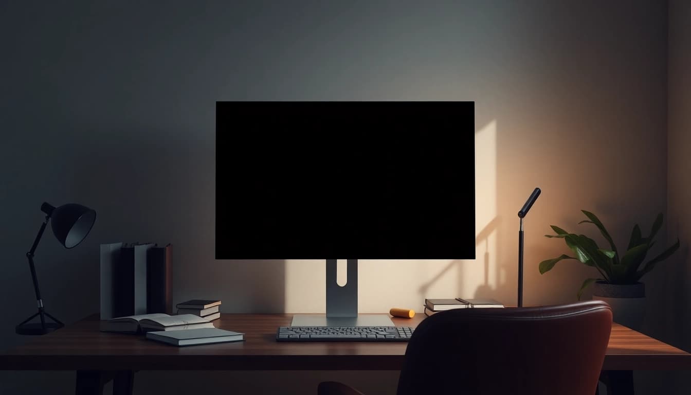 A serene workspace with a black screen on a monitor, showcasing focus and energy conservation for users.