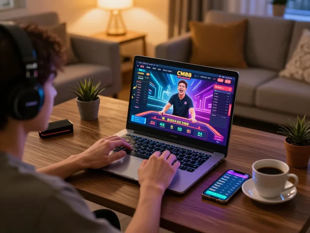 Engaging with NHÀ CÁI CM88 online casino interface during a home gaming session