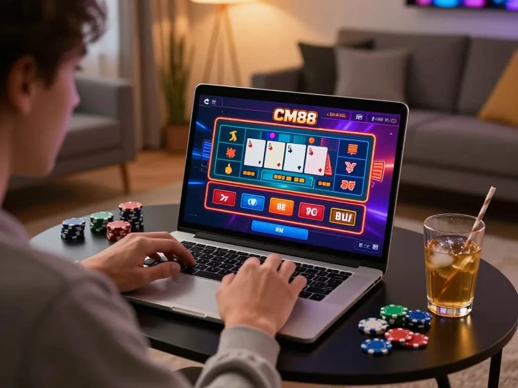 Player immersed in CM88's online casino platform on a laptop, enjoying a cozy gaming experience.