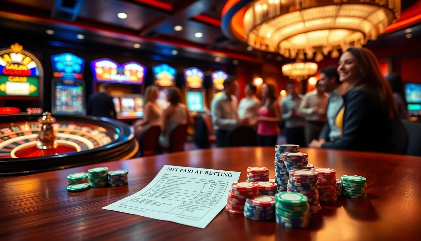 Exciting Mix Parlay betting slip amidst vibrant poker chips and roulette table in a lively casino.