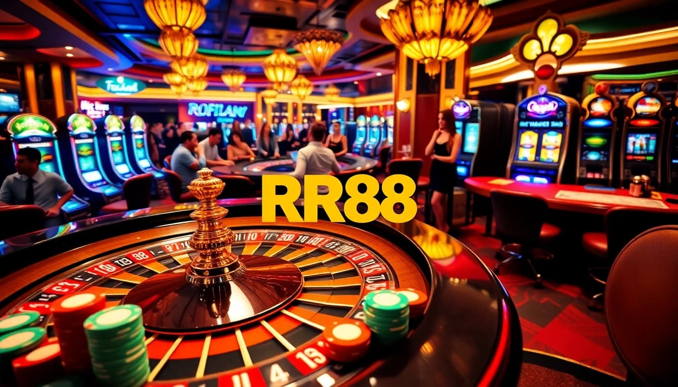 RR88 players enjoying an exciting casino experience at modern roulette and slot machines.
