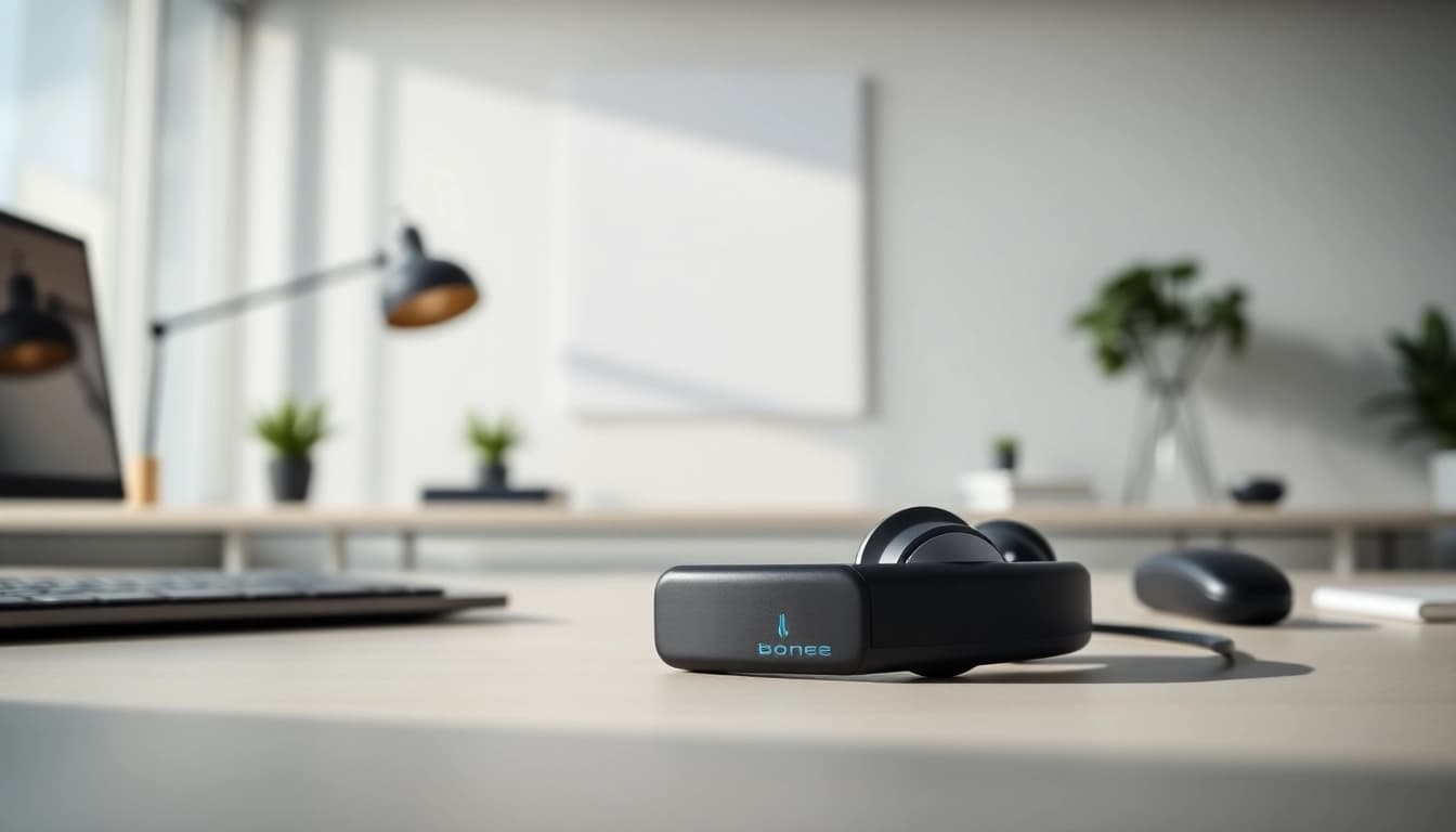 Showcase the Bone X2 Bone Conduction Headphones in a modern workspace.