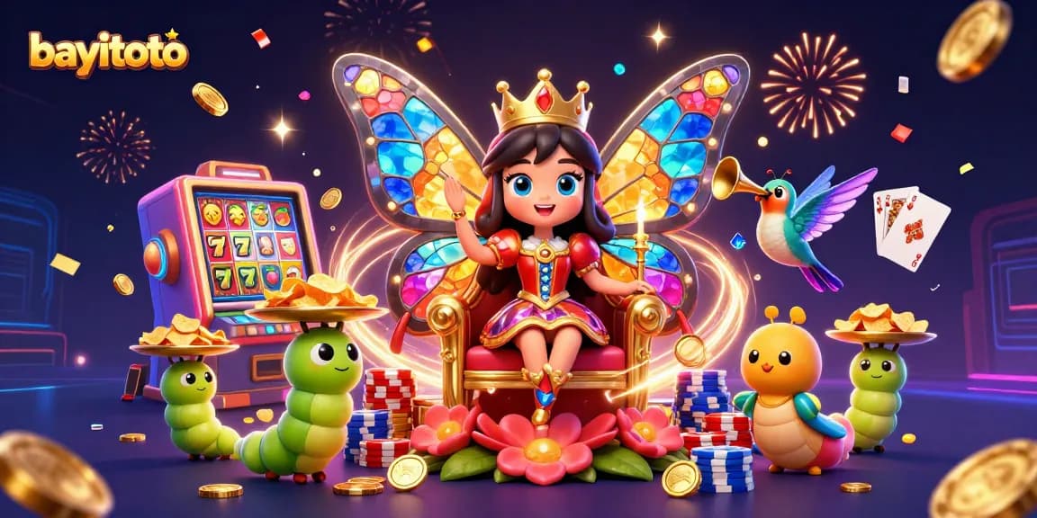 Experience the excitement of bayitoto with vibrant slot games and animated characters in a dazzling casino scene.