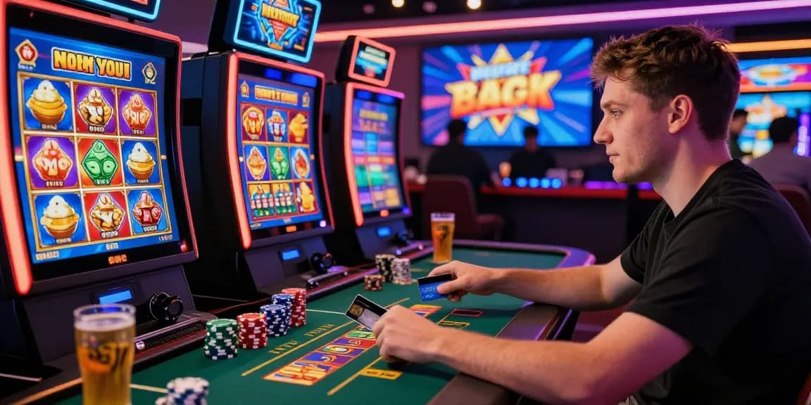 Player enjoying engaging games at credit card casinos with colorful screens and vibrant atmosphere.
