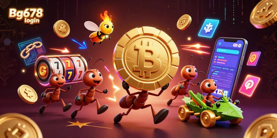 Engage with Bg678 login, showcasing a vibrant heist scene with cartoon ants, poker chips, and thrilling casino elements.