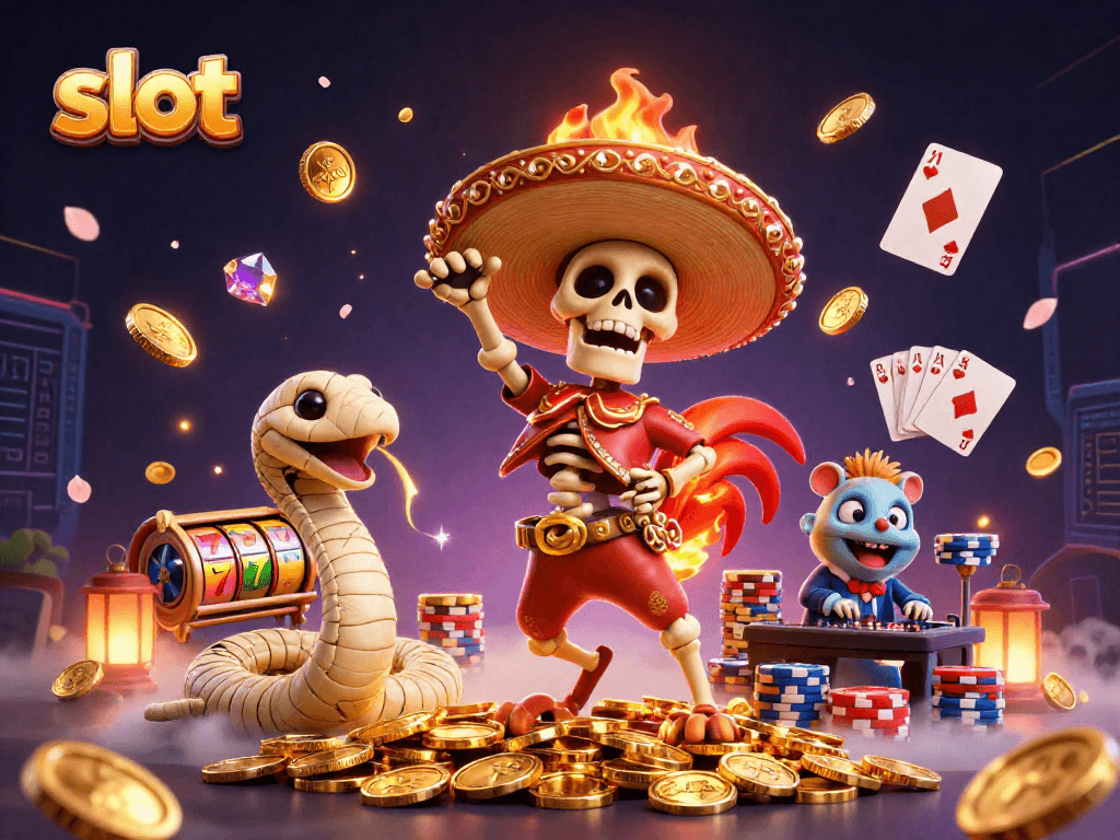 Slot online menarik dengan mariachi terkenal dan DJ hamster, menari di atas tumpukan koin emas.
