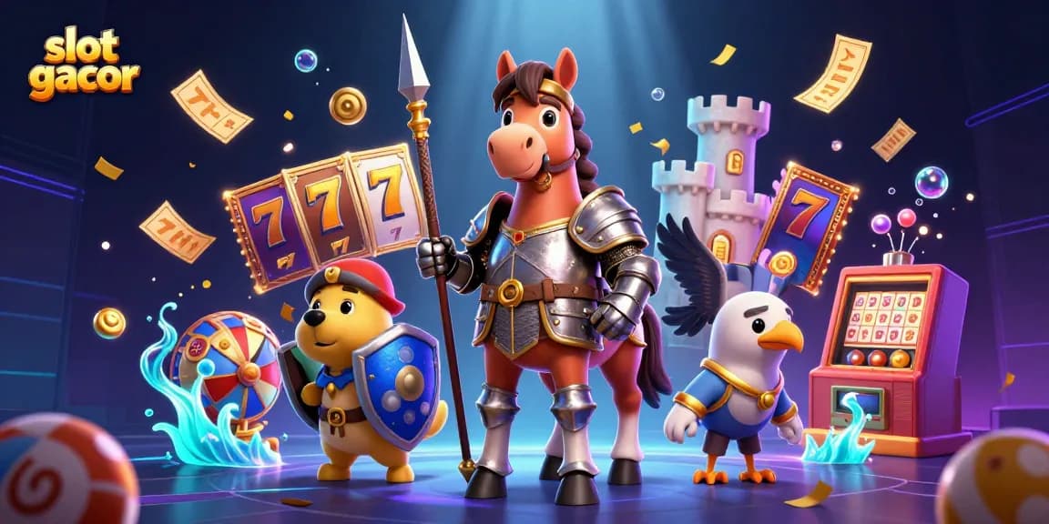 Experience thrilling slot gacor action as medieval characters join vibrant casino elements in a dynamic scene.