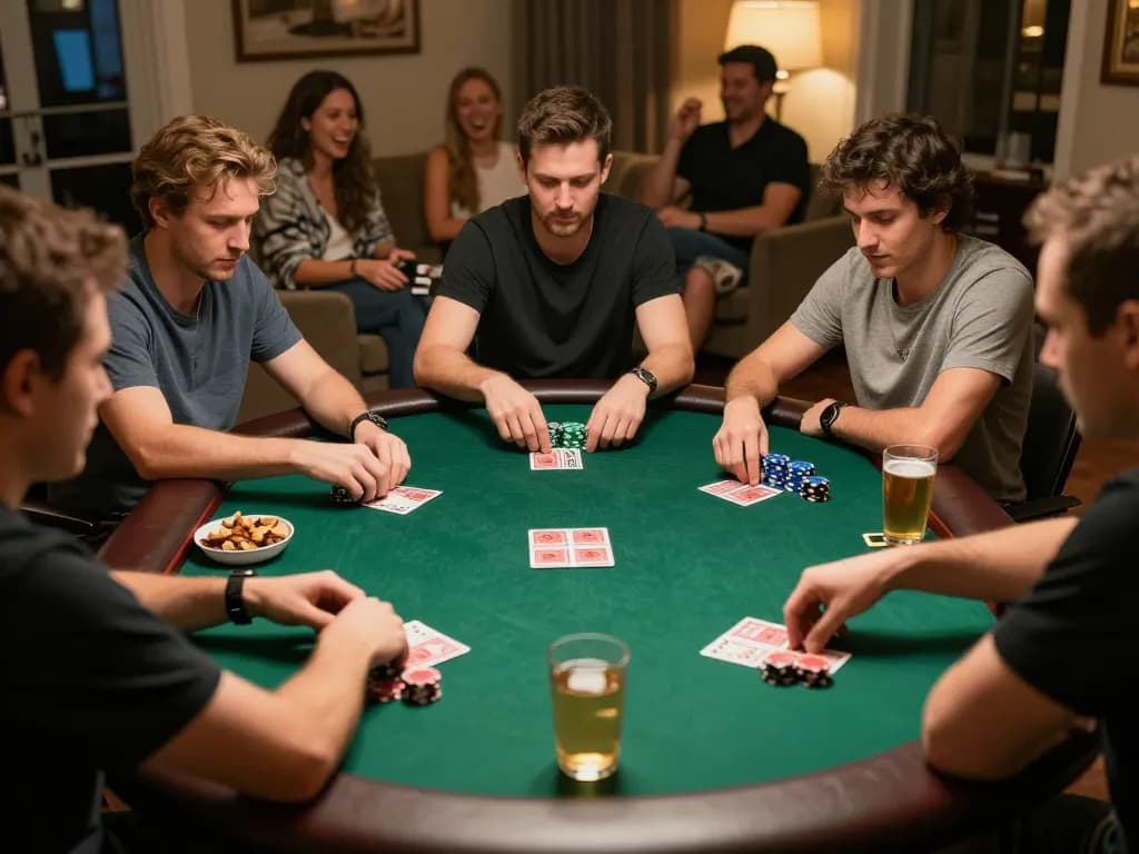 Players engage in intense poker gameplay while discussing dark web links strategies.
