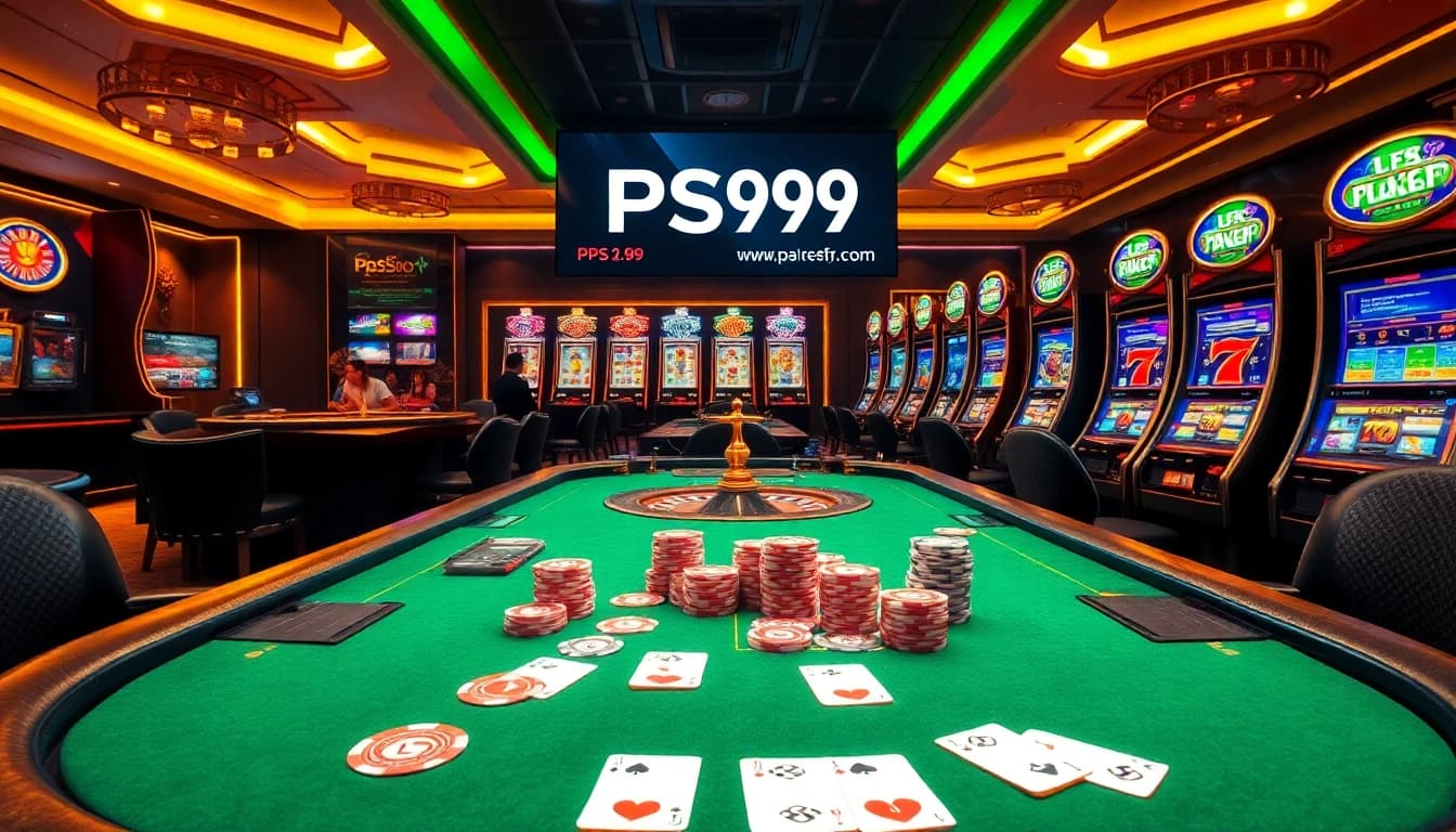 Players enjoy high-stakes gambling at a casino scene highlighting link PS99, featuring poker tables, chips, and slot machines.