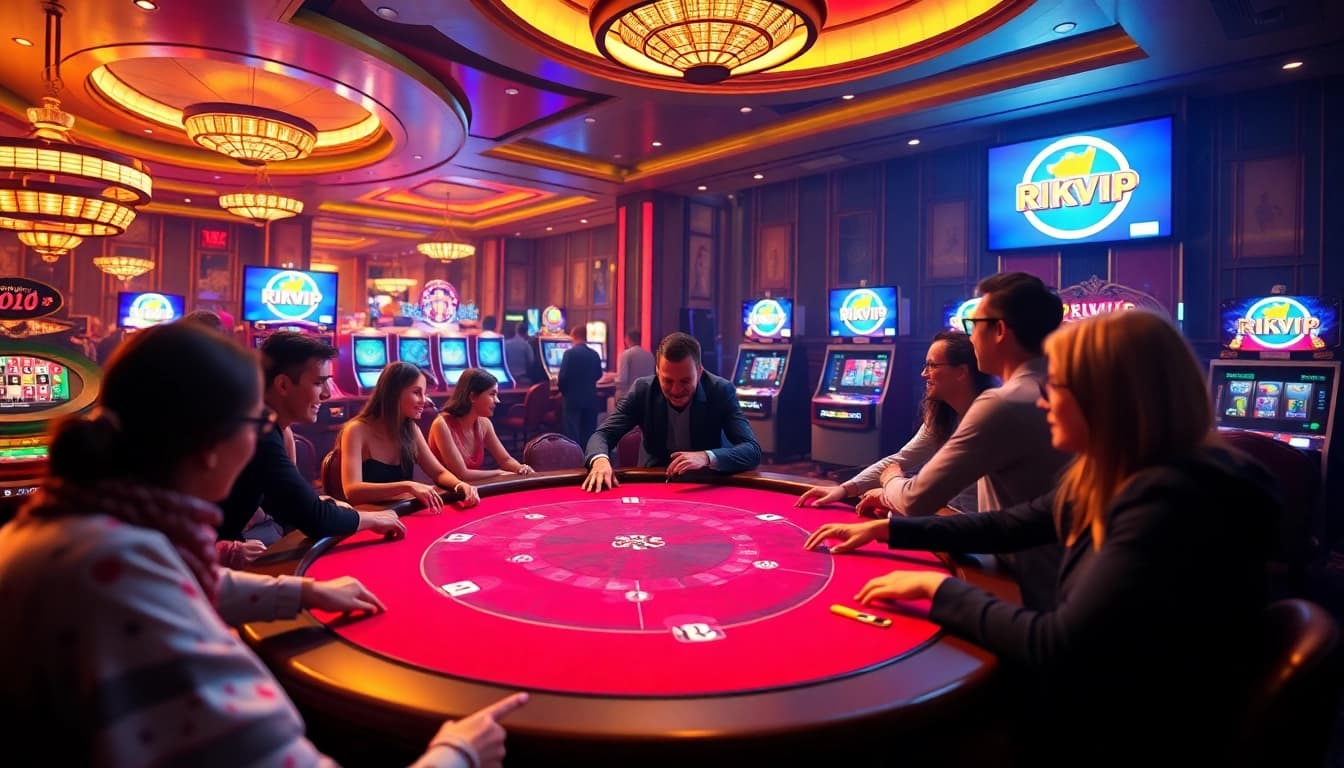 Engaged players at a RIKVIP poker table in a luxurious casino setting.