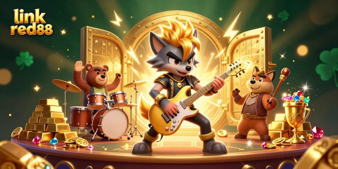 Experience the thrill of link red88 with a dynamic casino scene featuring a rock star wolf and treasures.