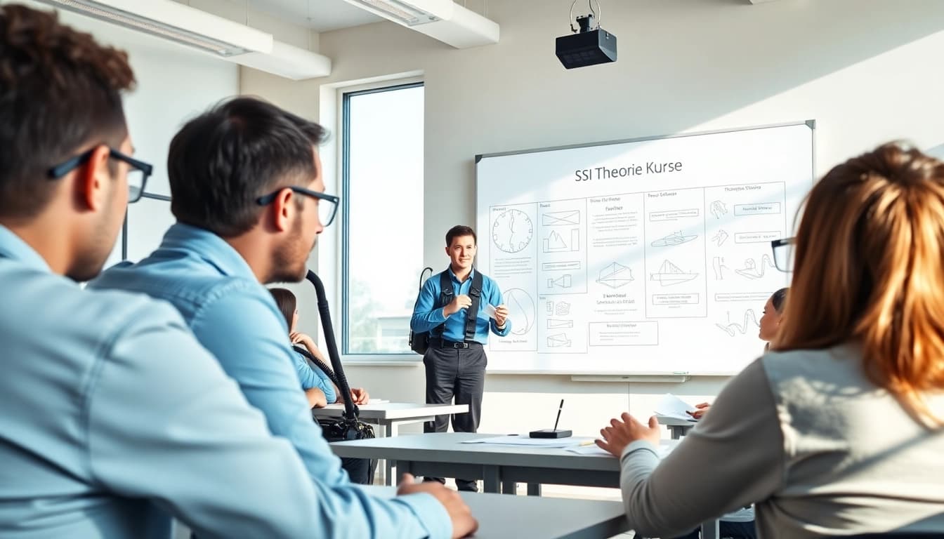Erfahrene Anleitung bei SSI Theorie Kurse in einem gut beleuchteten Klassenzimmer