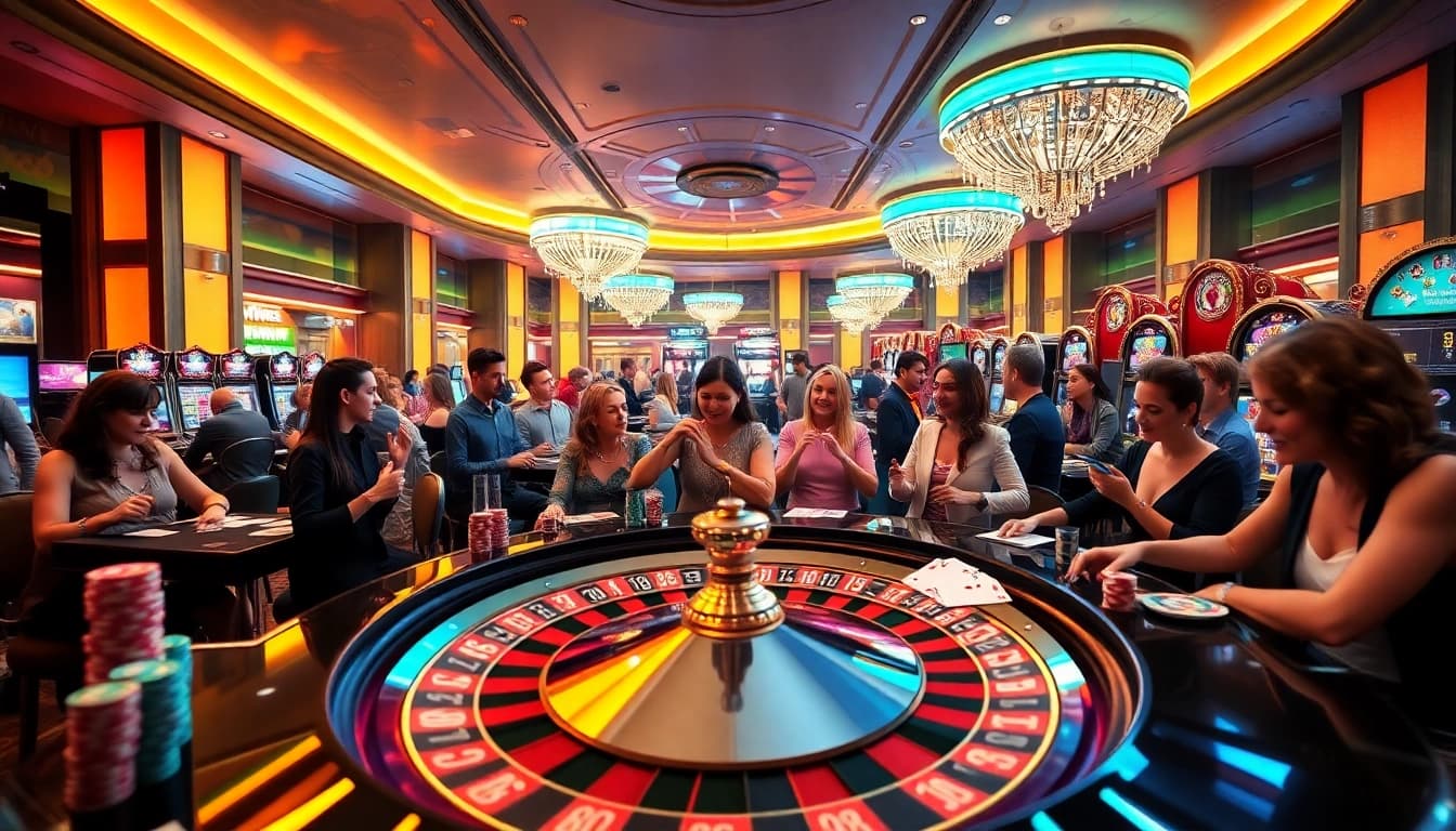 Des joueurs profitant de jeux palpitants dans un casino en ligne France fiable, mettant en valeur des jetons de poker vibrants et une roulette.