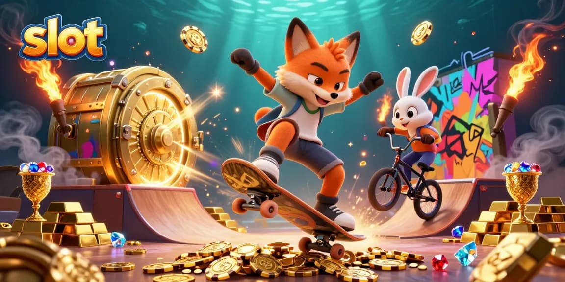 Experience thrilling slot action with a dynamic illustration of playful characters and casino elements.