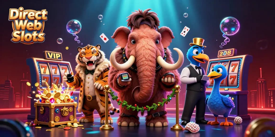 Experience Direct Web Slots with engaging characters and vibrant slot elements in this 3D illustration.