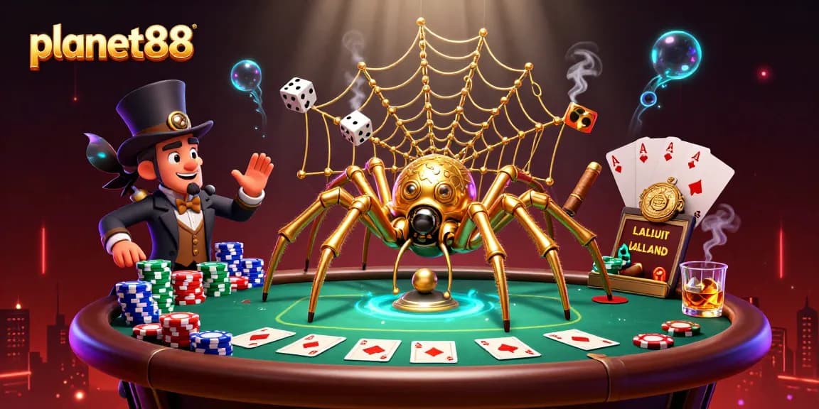 Engaging planet88 casino scene featuring steampunk spider and poker elements, perfect for players.