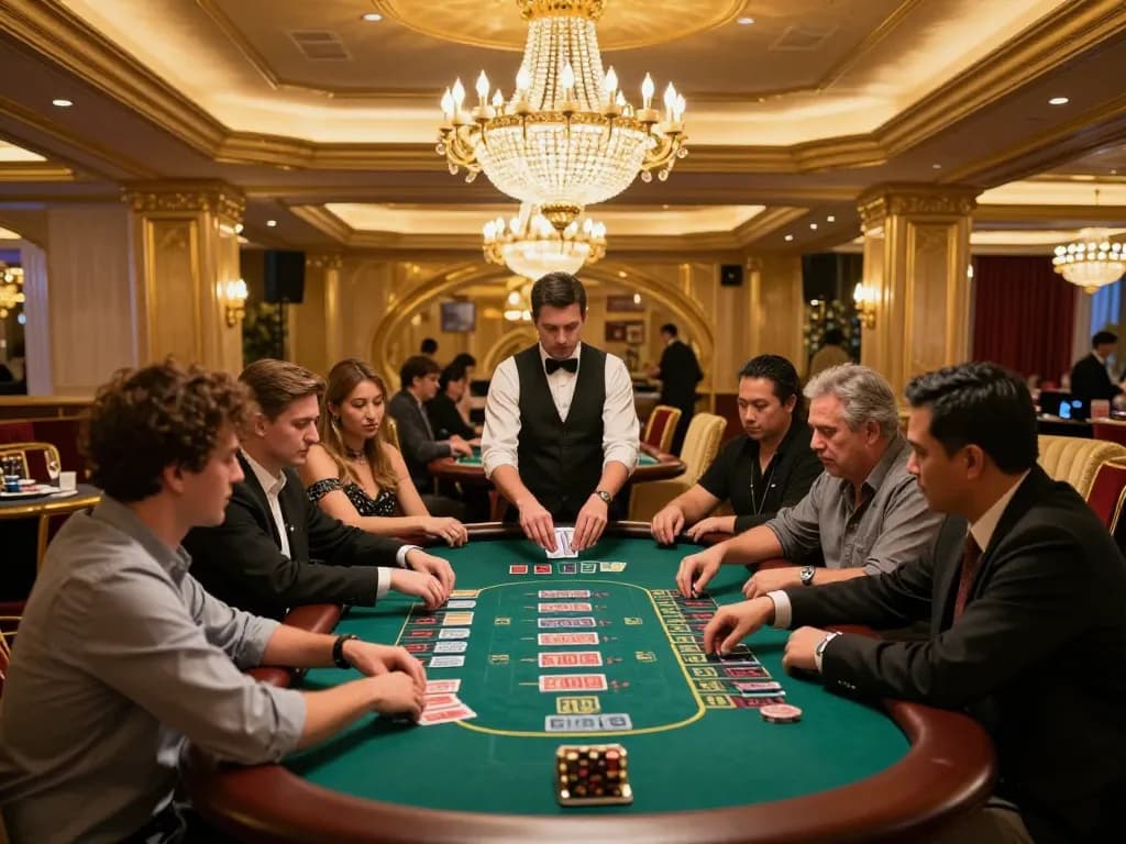 Experience the excitement at NHÀ CÁI CM88 with players wagering at a blackjack table in a luxurious casino setting.