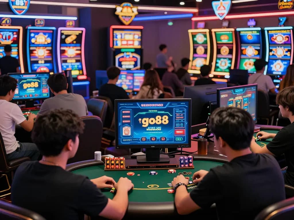Players enjoying the go88 online gambling experience, surrounded by vibrant gaming graphics and digital rewards.