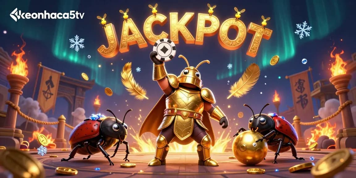 Experience the thrill at keonhacai5tv with a cartoon hercules beetle celebrating a jackpot victory!