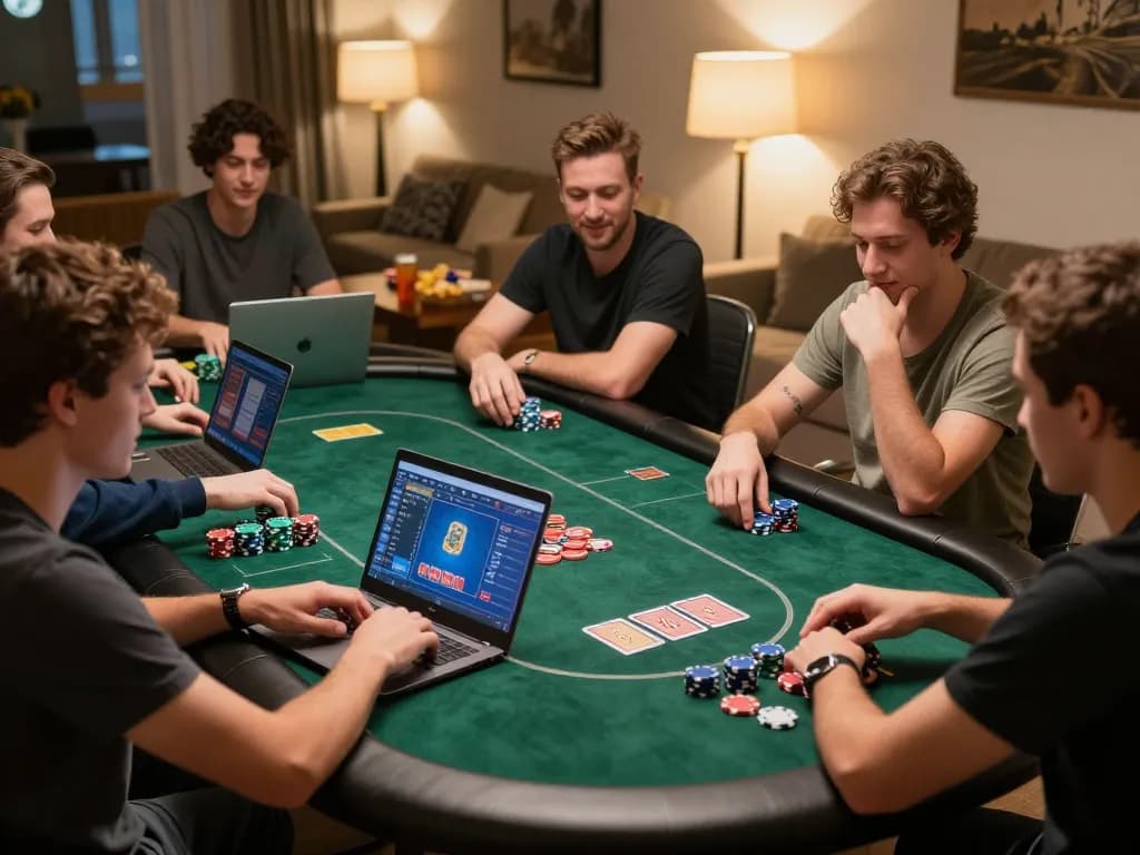 Online players enjoying kubet poker game at home with colorful chips and strategic focus.