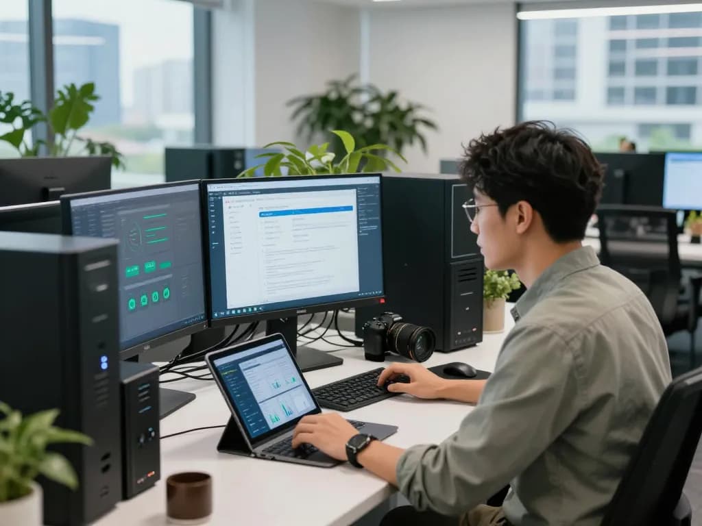 Professional at https://shs-dome5.com/ monitoring security protocols in a modern tech workspace.