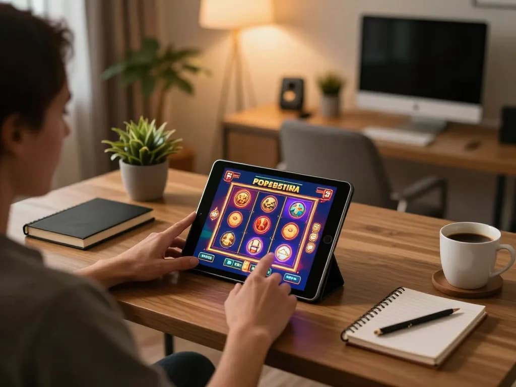 Player enjoying online slots on tablet in cozy home office, showcasing 123b gaming experience.