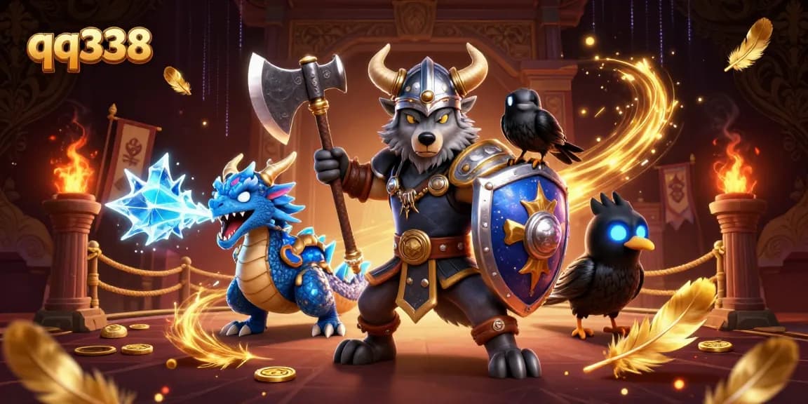 Engage in thrilling gaming adventures with qq338, showcasing a Viking wolf warrior, fierce dragon, and dynamic casino elements.