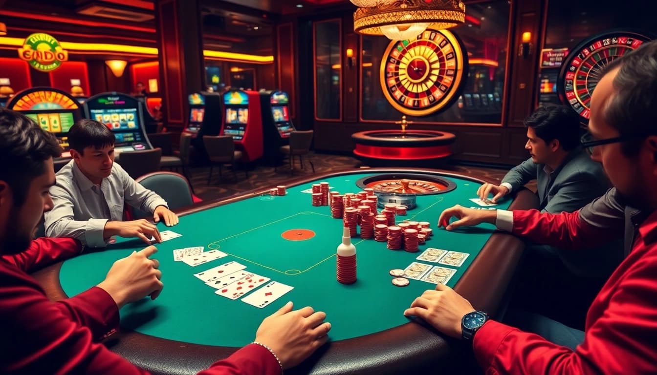 SODO Casino players enjoying a thrilling poker game at an upscale casino table with vibrant chip stacks.