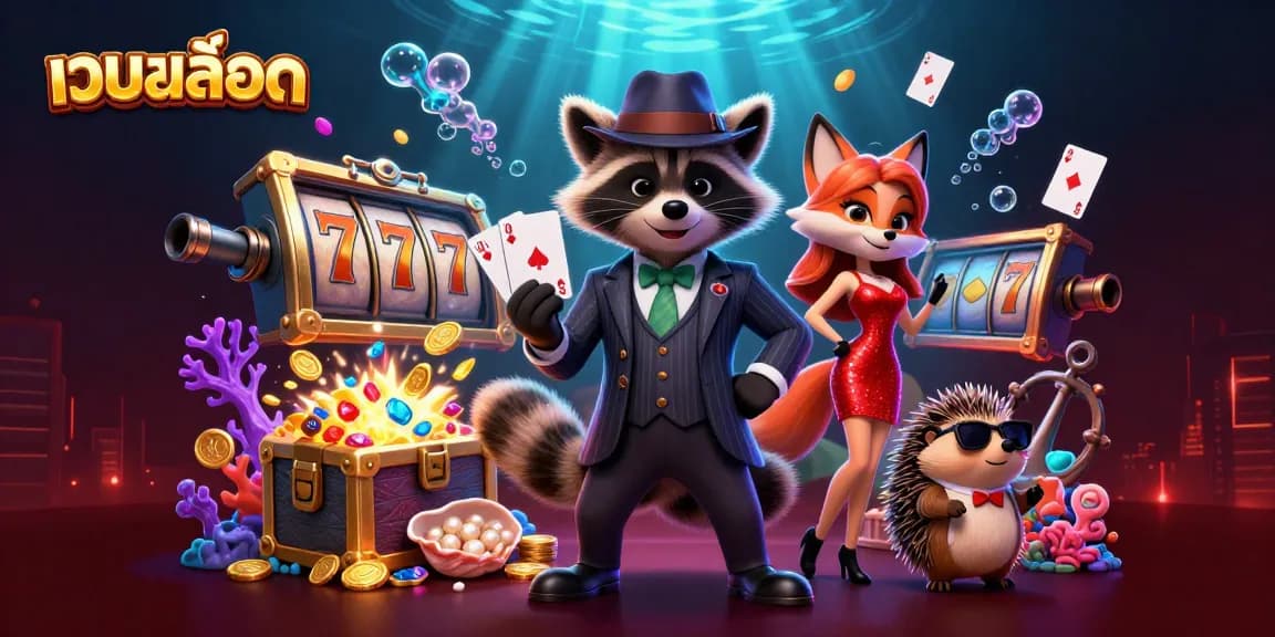 Experience thrilling เว็บสล็อต action with a raccoon holding a royal flush amidst vibrant casino elements.