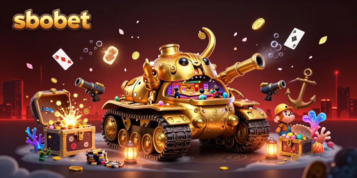 Experience thrilling sbobet action with a vibrant casino scene inside a golden tank.