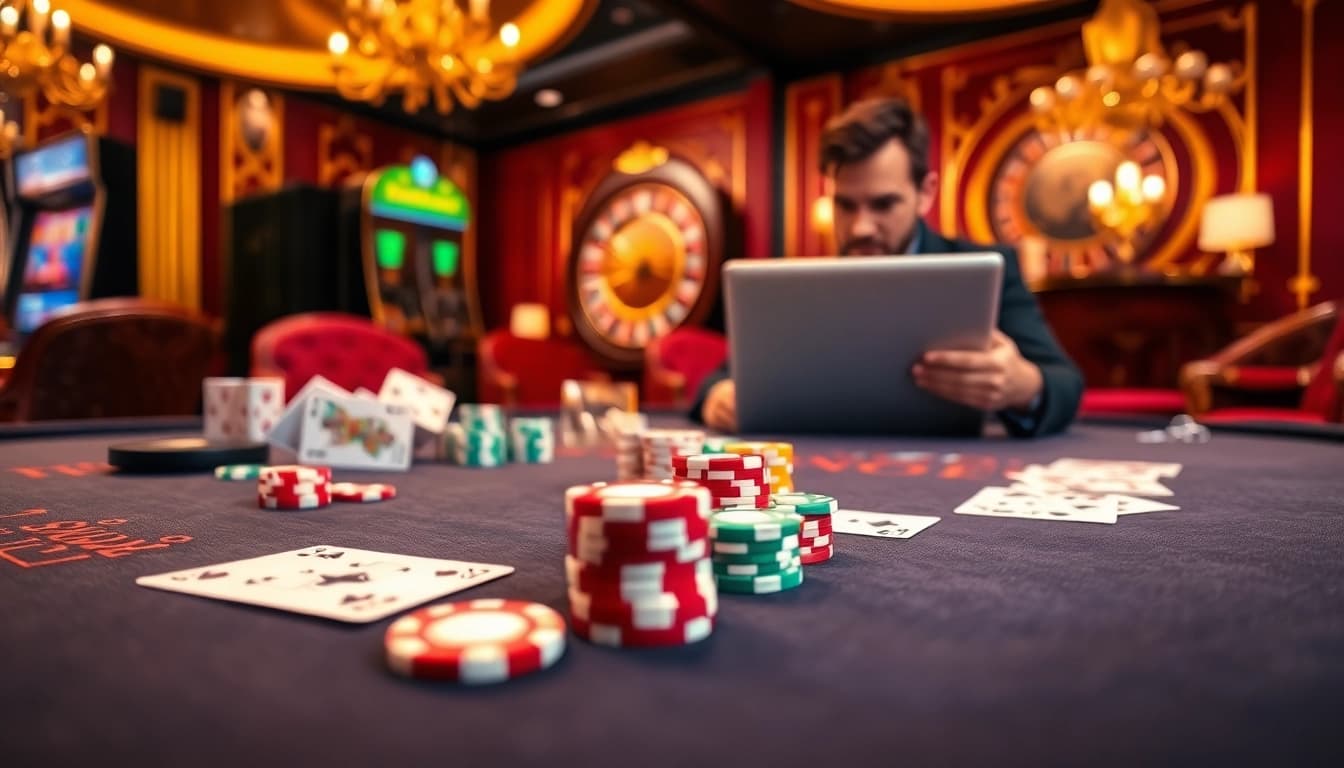 Un cadre professionnel représentant un casino en ligne France fiable avec des joueurs s'engageant à des tables élégantes et des éléments de jeu vibrants.