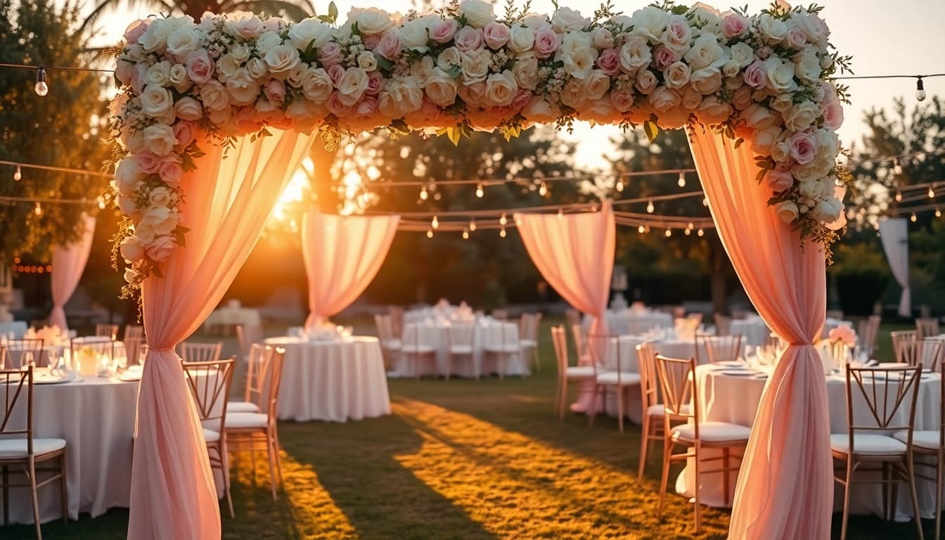 Stunning wedding & event rentals in a romantic outdoor setting with floral decor.