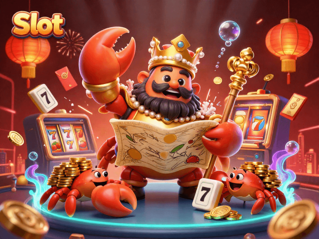 Spin the exciting Slot reels in this vibrant 3D cartoon scene featuring a golden crab emperor.