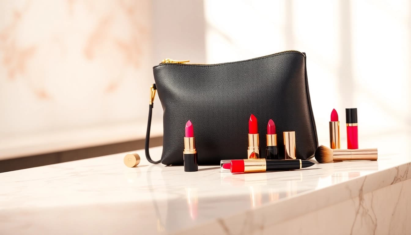 Showcase the skone cosmetics signature makeup bag with vibrant cosmetics artfully displayed inside.
