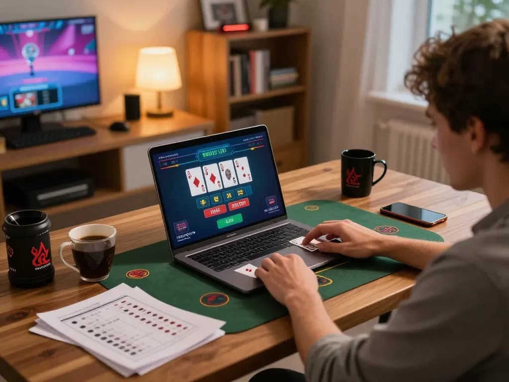 Engaging with tg8 strategies while playing blackjack on a laptop in a cozy home office setting.