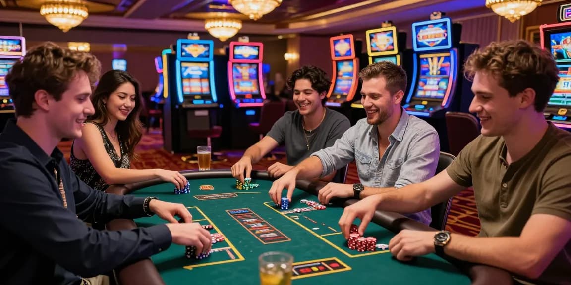 Engaged group enjoying credit card casinos UK experience, showcasing gaming fun and lively atmosphere.