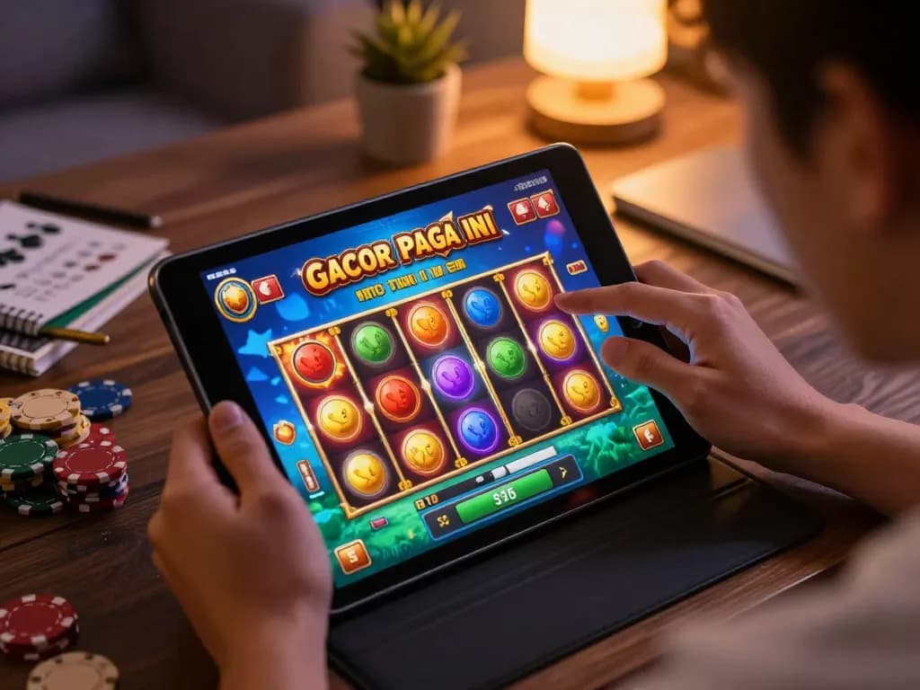 Engaging with slot gacor pagi ini on a tablet during a cozy home gaming session, vibrant colors and graphics captivating the player.