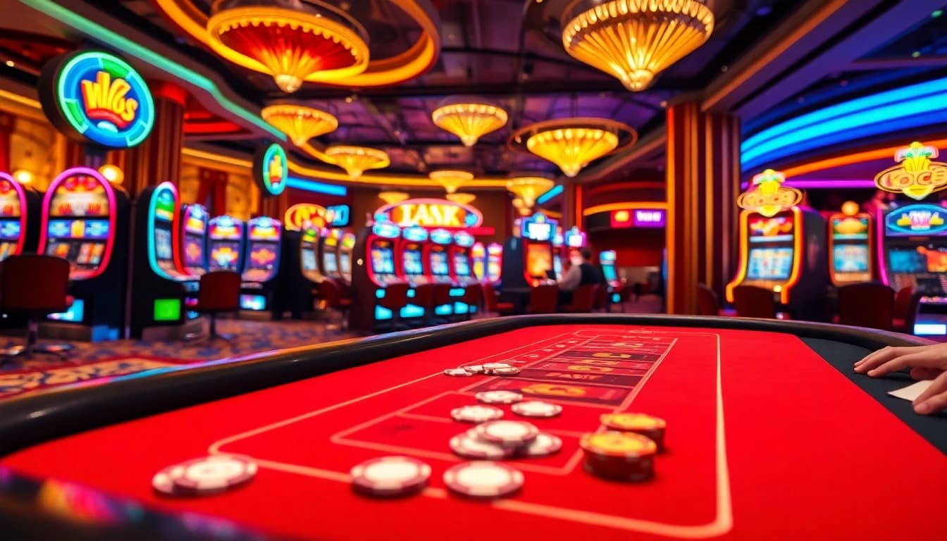 Neue casino bonus ohne einzahlung an einem lebhaften Spieltisch mit Spielern und bunten Automaten.