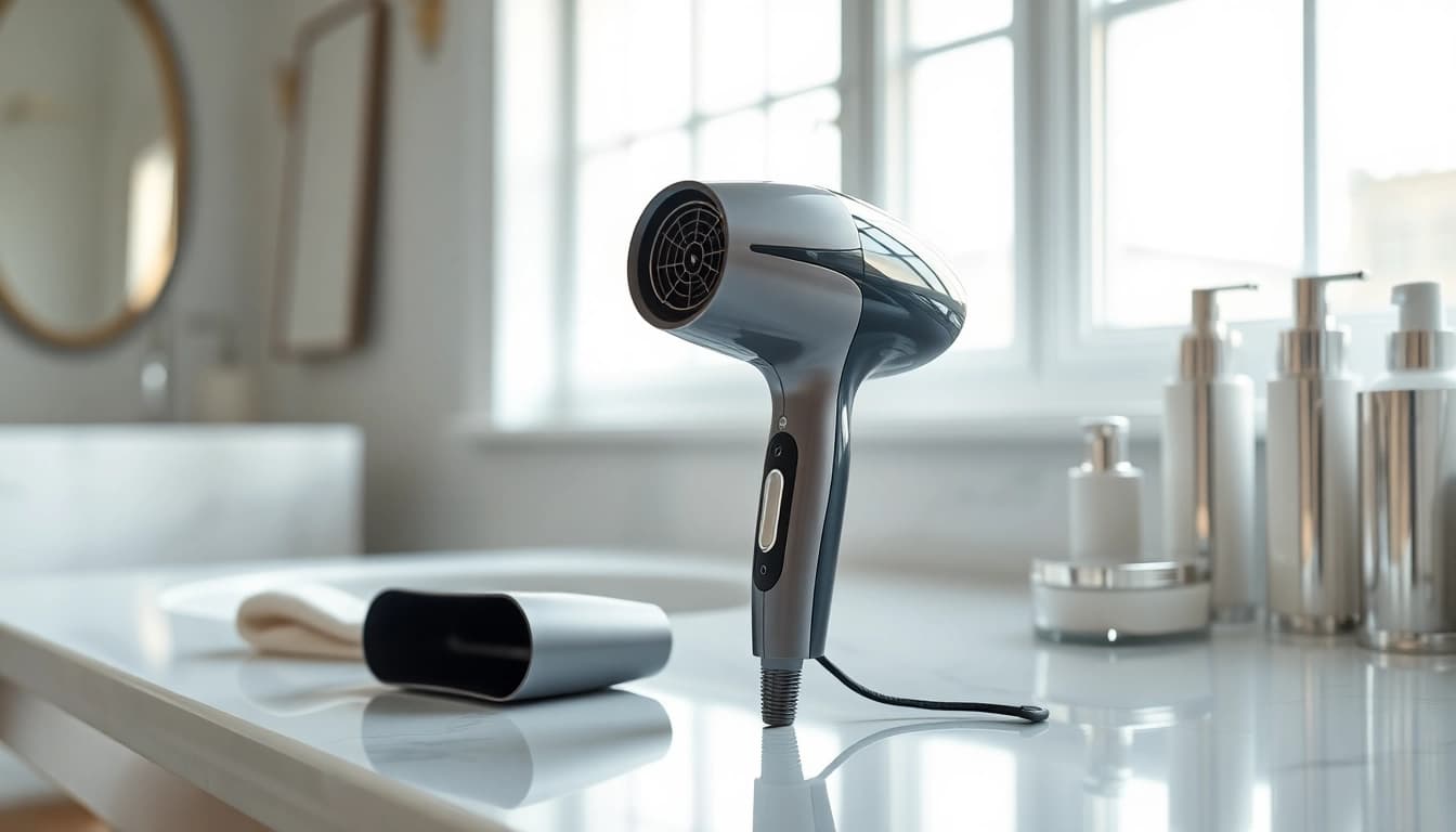 Styling with an ionic hair dryer showcasing its sleek design and powerful features.
