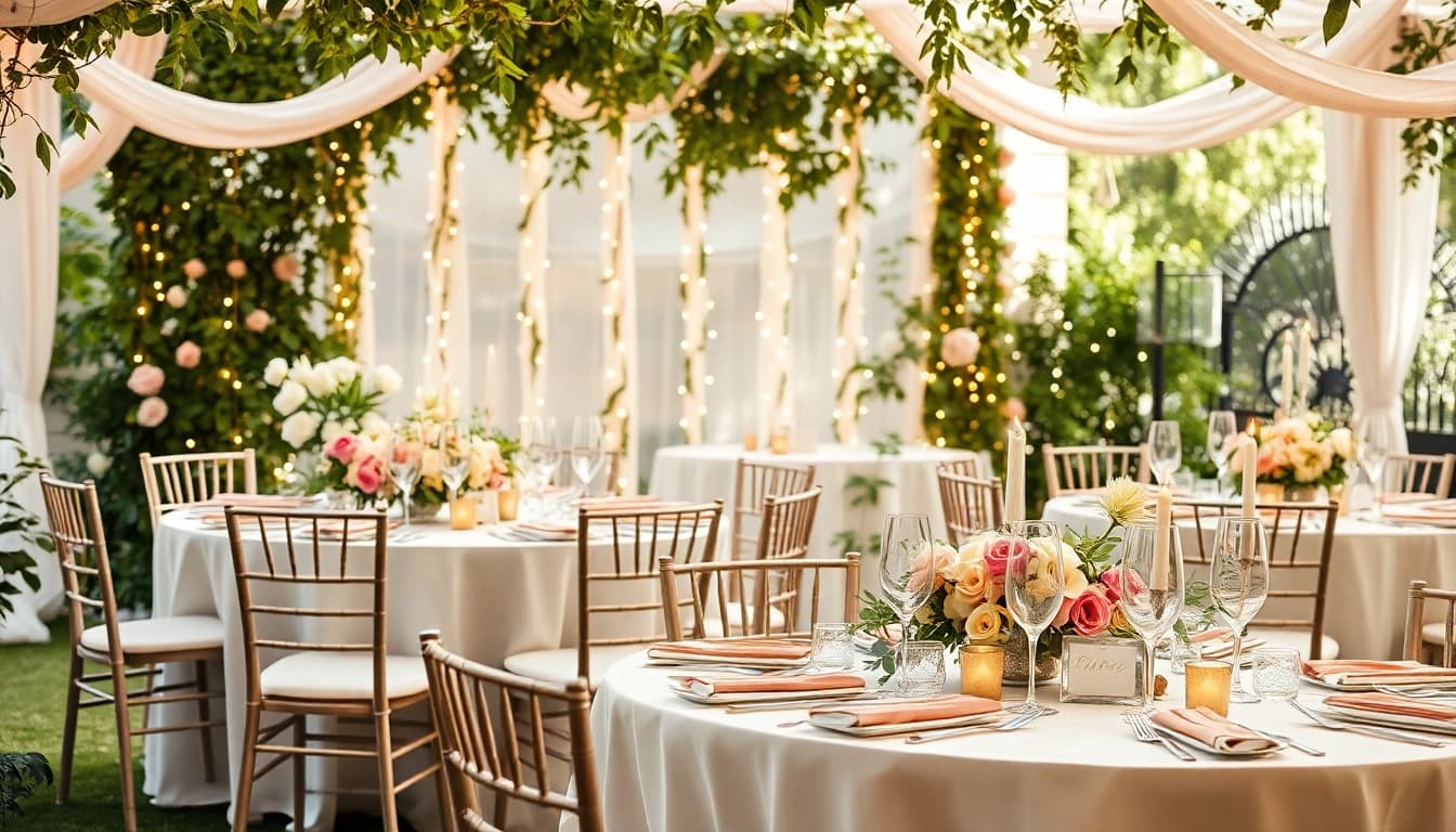 Stunning Wedding & Event Rentals setup with elegant tables and beautiful decorations outdoors.