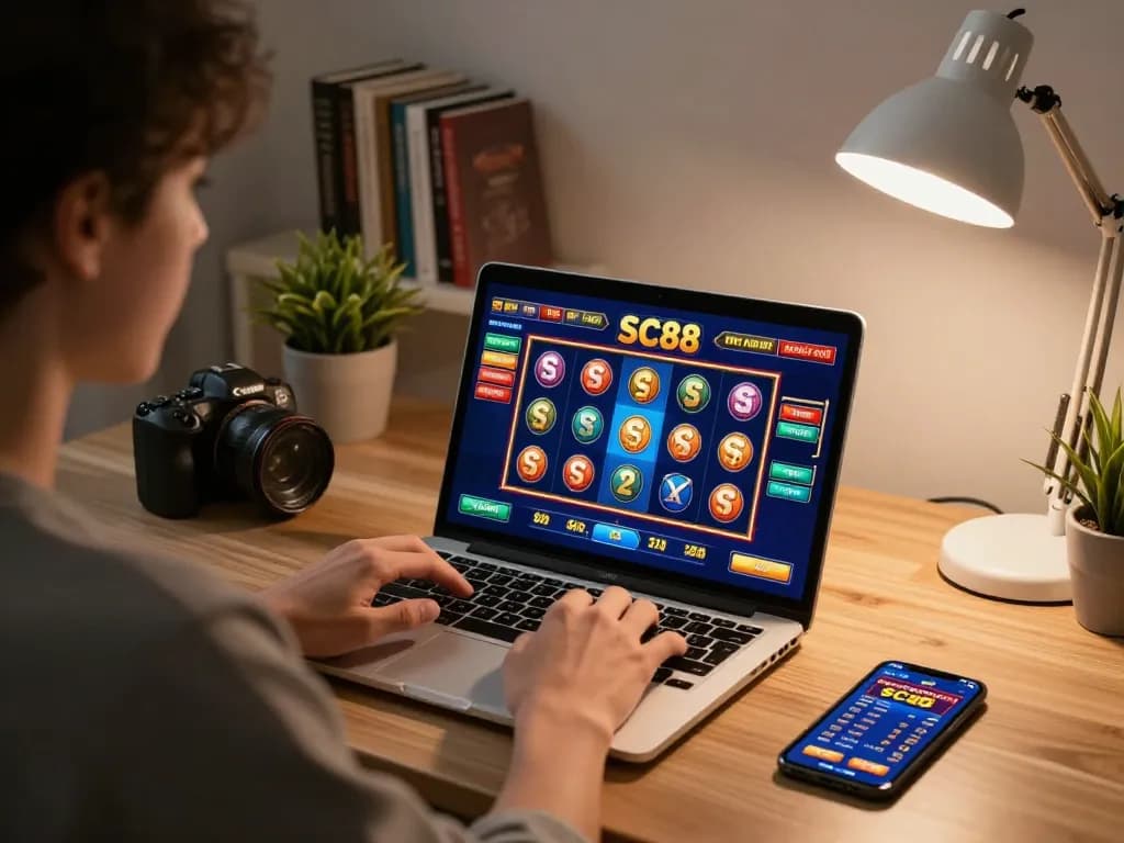 Engaging in SC88 online casino gameplay at home, showcasing a vibrant gaming interface and responsible gambling atmosphere.