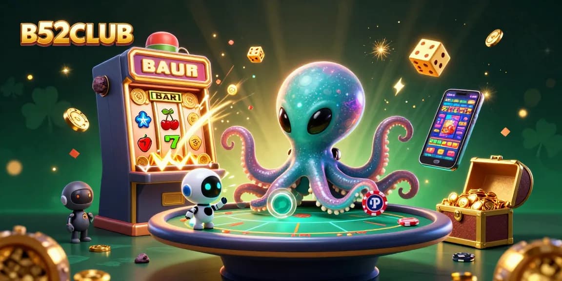 Experience the thrill of B52CLUB with a colorful 3D casino scene featuring an alien octopus and jackpot explosion.