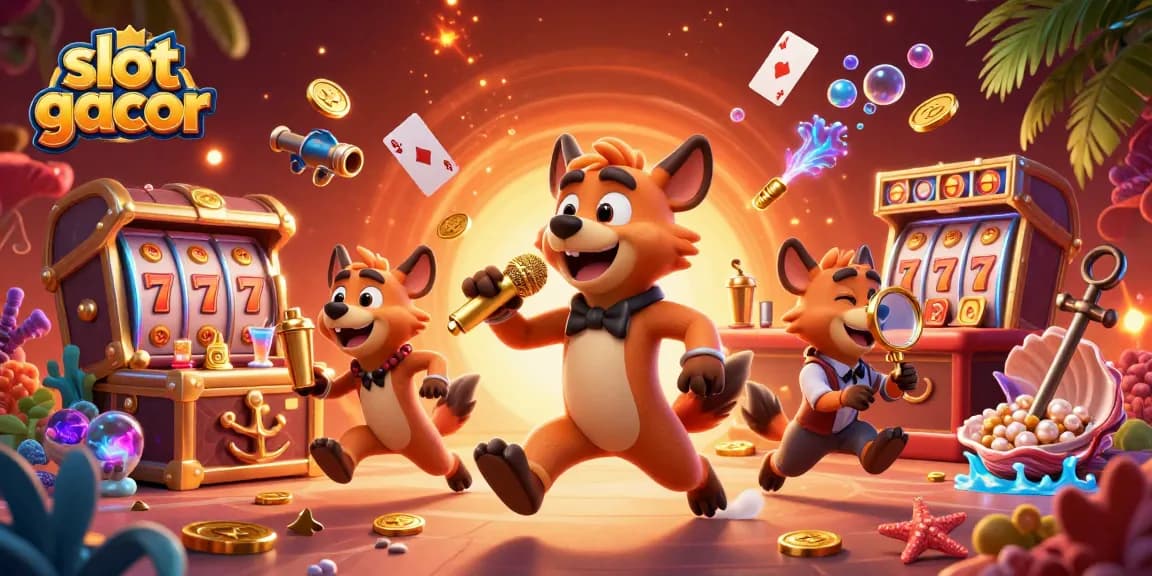 Experience the excitement of slot gacor at a comedy casino with vibrant 3D animals interacting.