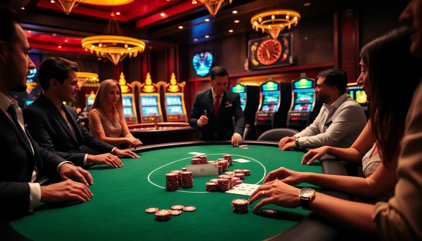 Players engage at a Marvelbet poker table in a luxurious casino setting, capturing the excitement of online gambling.