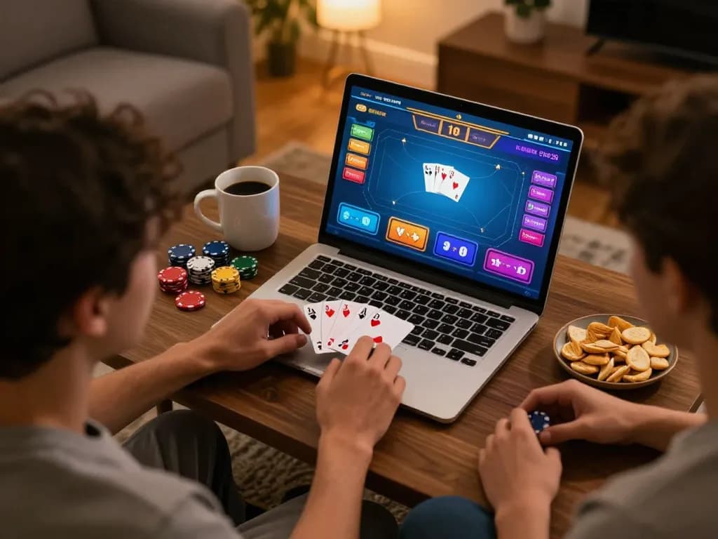 Players immersed in an online poker game on tt88, showcasing strategy and fun in a cozy home setting.