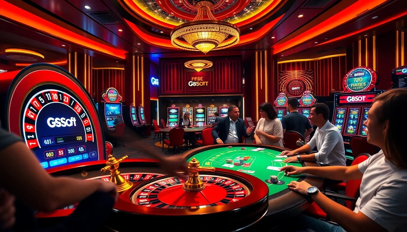 Players betting at a luxurious casino featuring pg soft games, vibrant slot machines, and a roulette wheel.