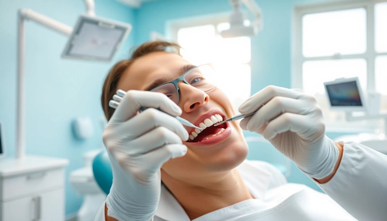 Dentist examining a patient's teeth in a bright dental office setting.